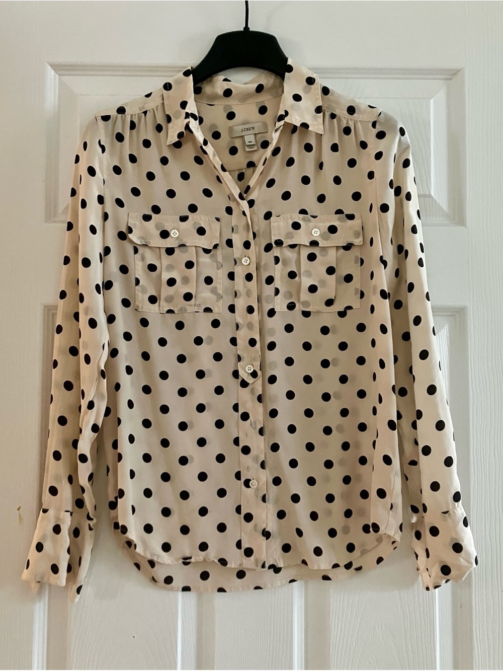 J. Crew Silk Button-Down Shirt Cream with Black Polka Dots 00